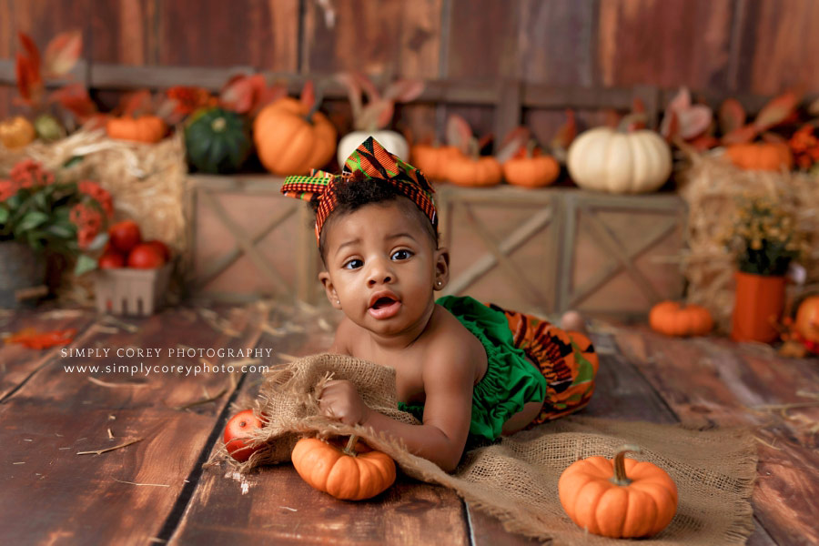 baby photographer near Carrollton, Georgia; fall 6 month milestone session in studio