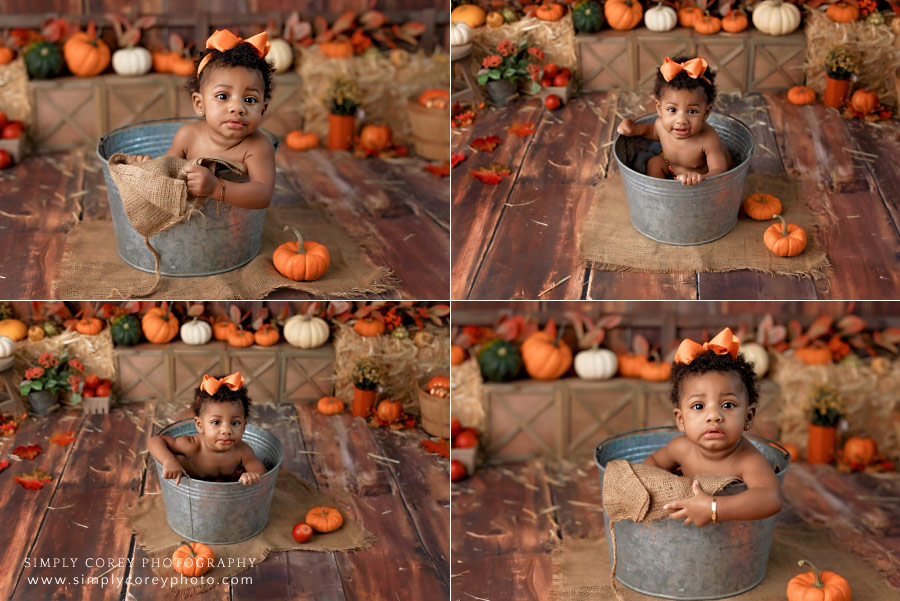 Douglasville photographer, baby girl in bucket for fall studio milestone session
