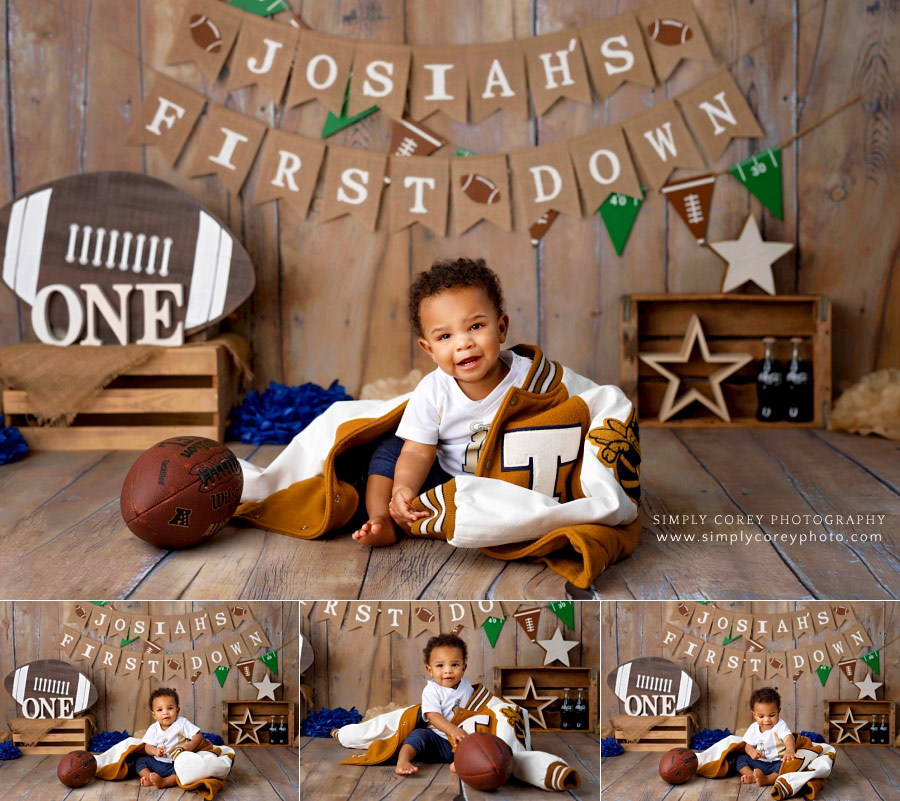 Atlanta baby photographer, toddler with Georgia Tech letterman jacket for football session