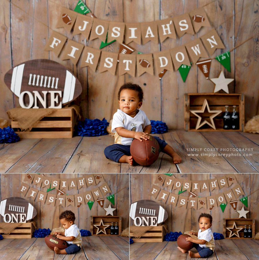 baby photographer near Atlanta, one year old boy football studio session