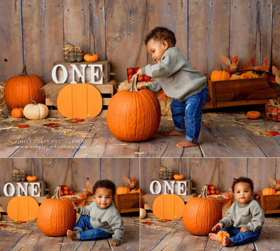 Douglasville baby photographer, fall one year milestone session with pumpkins