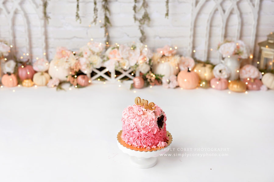 Austell cake smash photographer, pink ombre cake with pumpkins for studio session