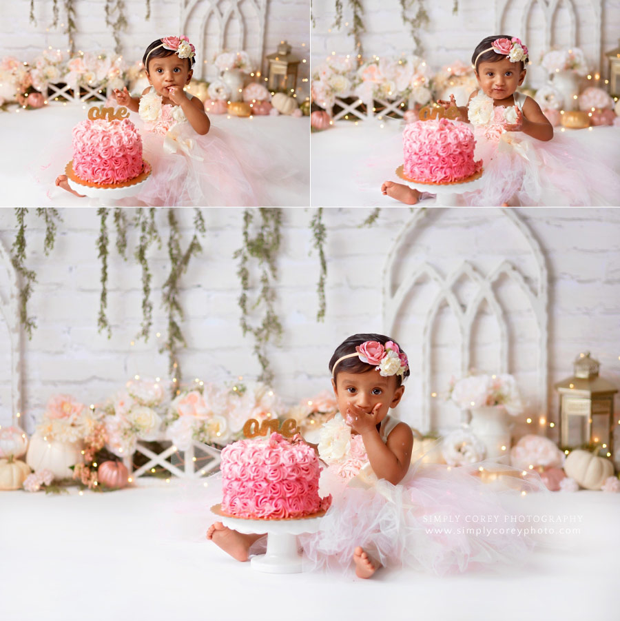 baby photographer near Austell, cake smash with pink pumpkins in studio