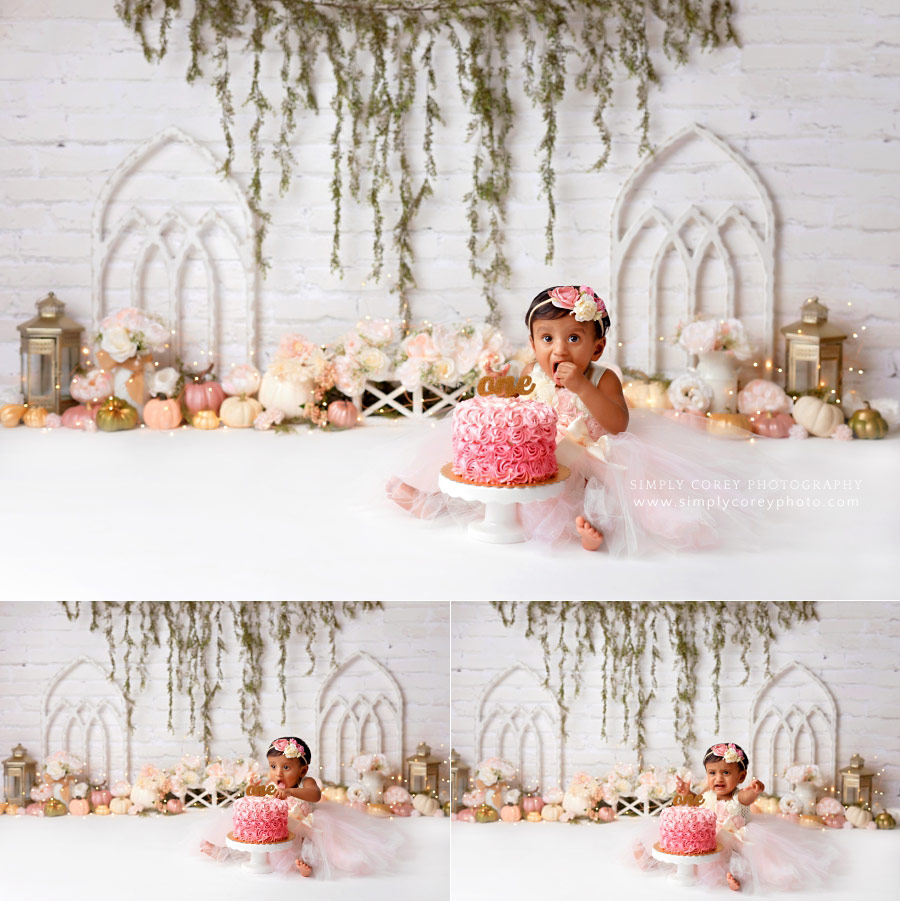 cake smash photographer near Dallas, Georgia; baby girl pink pumpkin set for one year