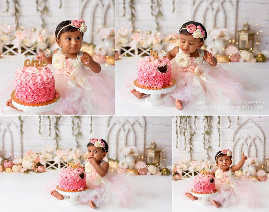 Douglasville cake smash photographer, baby one year session with pink pumpkins