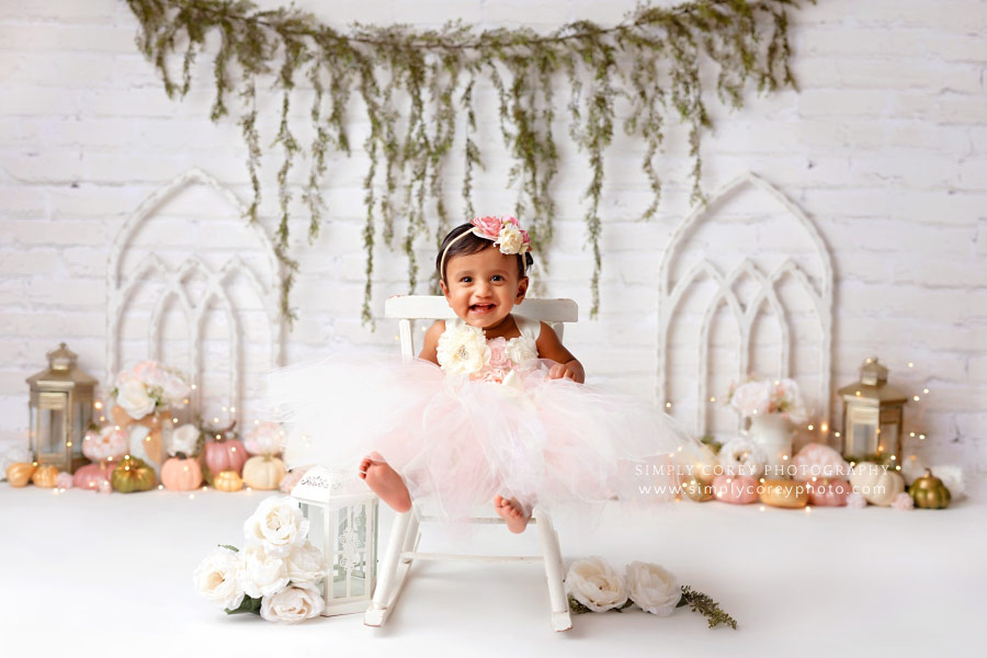 Newnan baby photographer, pink pumpkin studio set for one year session