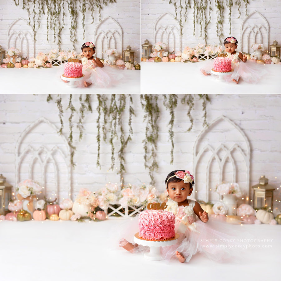 Villa Rica cake smash photographer, baby girl with pink ombre cake in studio
