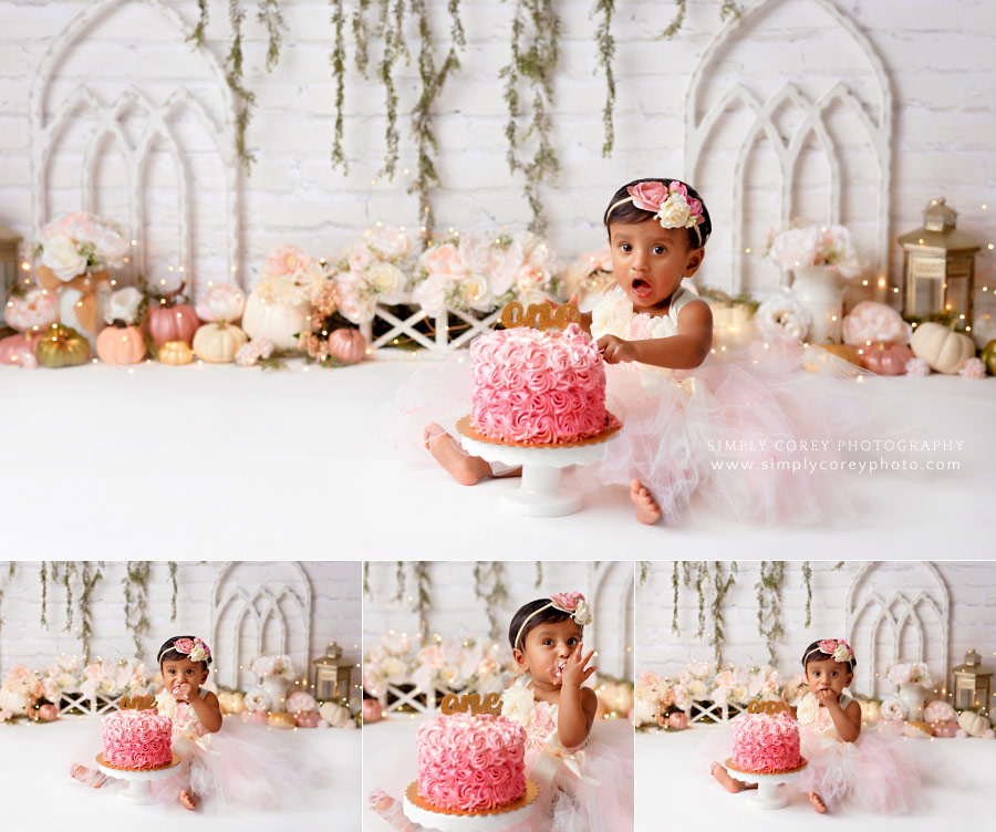 West Georgia baby photographer, cake smash with pink pumpkins in studio