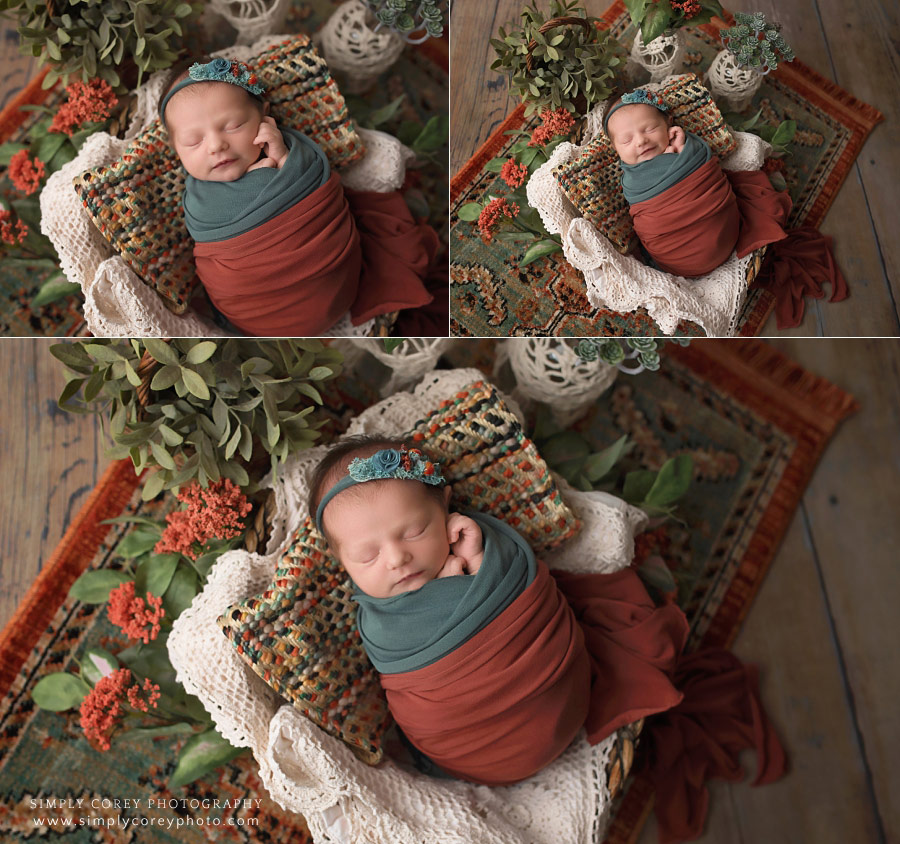 Atlanta newborn photographer, baby girl in orange and teal boho studio set
