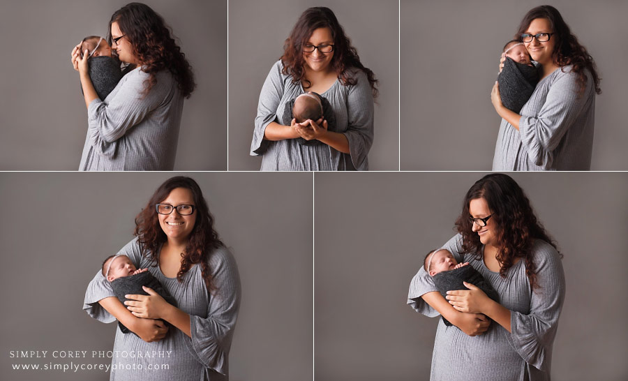 newborn photographer near Douglasville, mom and baby on grey studio backdrop