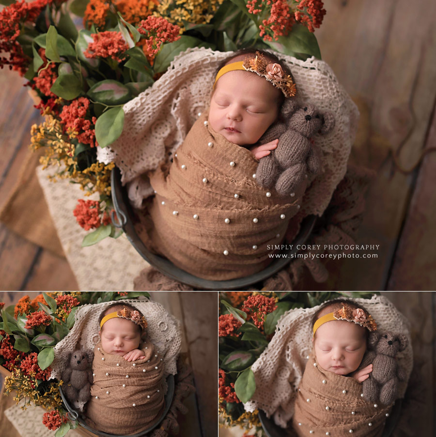 newborn photographer near Peachtree City, baby girl in fall colors with teddy bear
