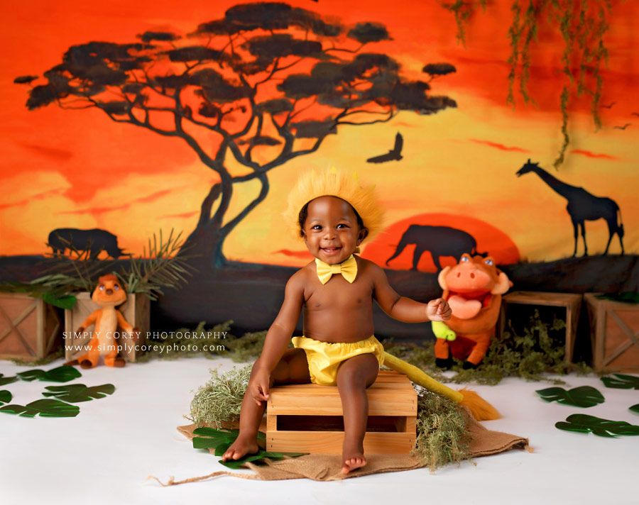 Atlanta baby photographer, one year studio session with lion king theme