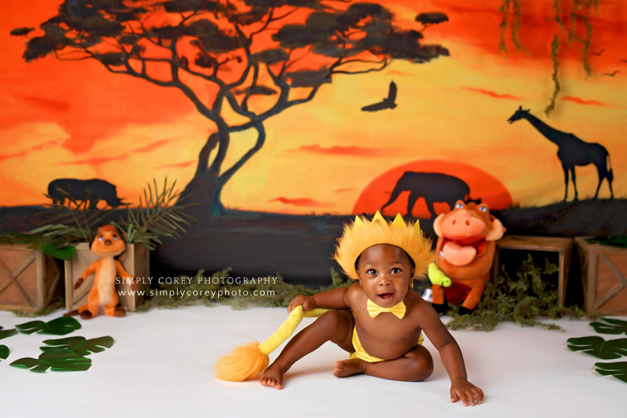 baby photographer near Carrollton, GA; one year studio session with lion king theme