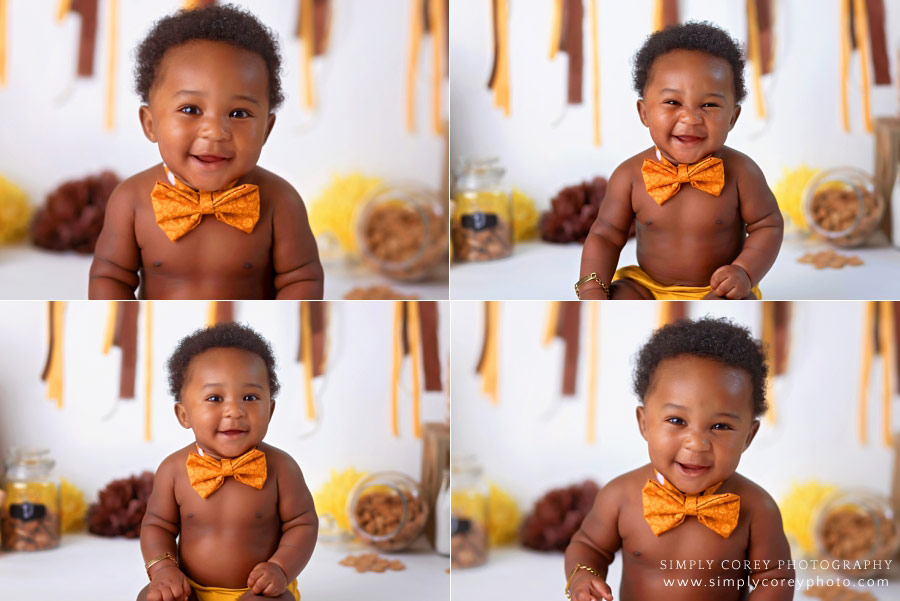 Villa Rica baby photographer, smiling baby boy in orange bowtie