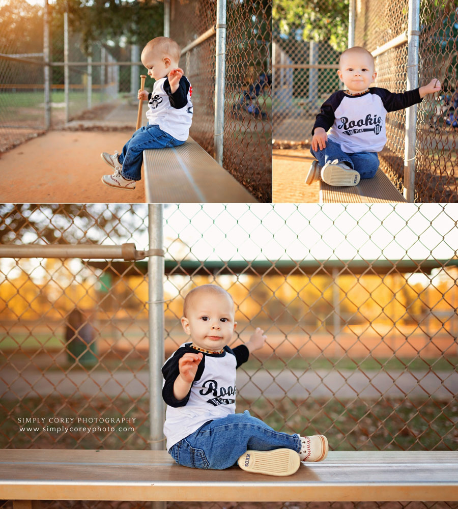 baby photographer near Douglasville, one year old on bench in baseball dugout