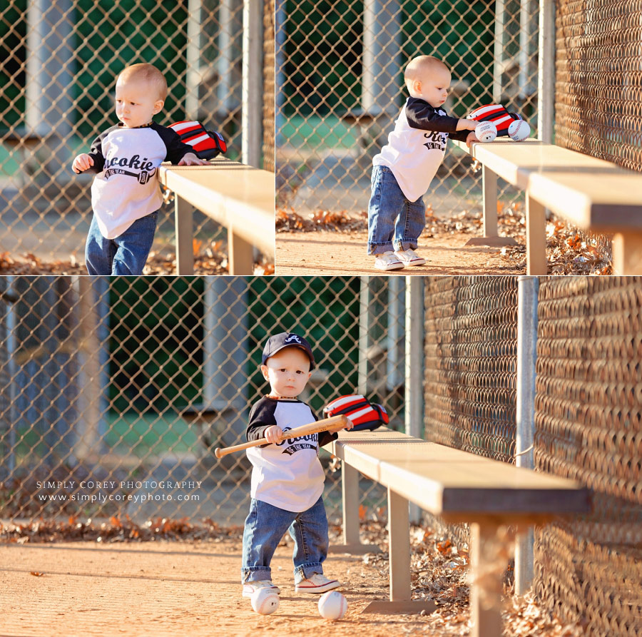 Bremen baby photographer, one year session in baseball dugout