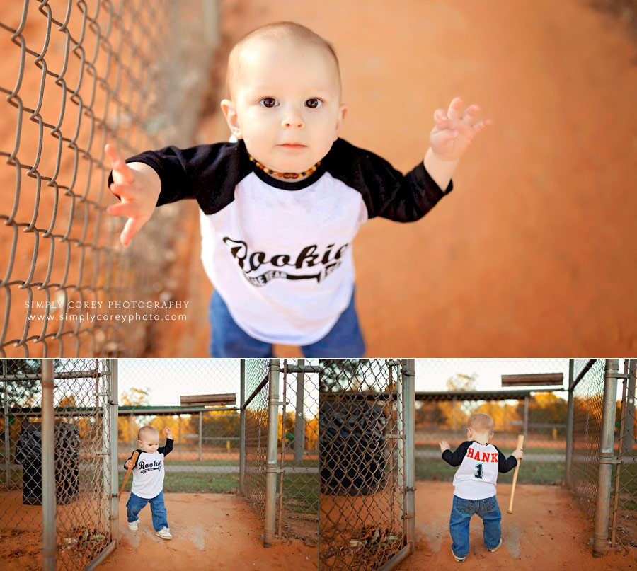 Carrollton baby photographer in Georgia, toddler in rookie shirt on baseball field