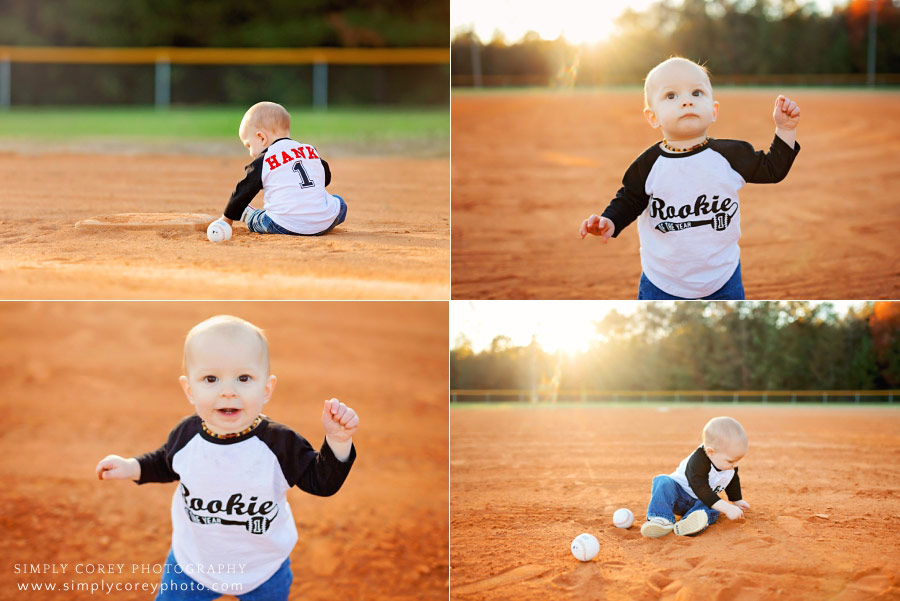 Douglasville baby photographer, one year session on baseball diamond