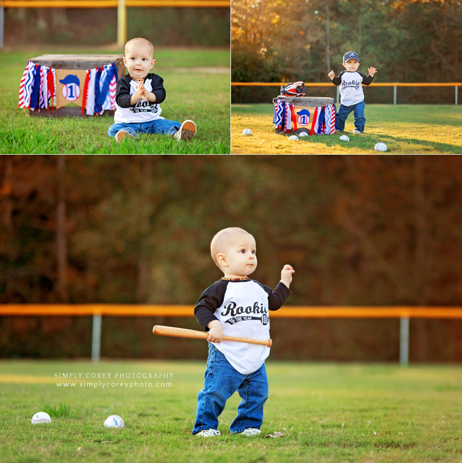 Hiram baby photographer, one year milestone session on baseball field