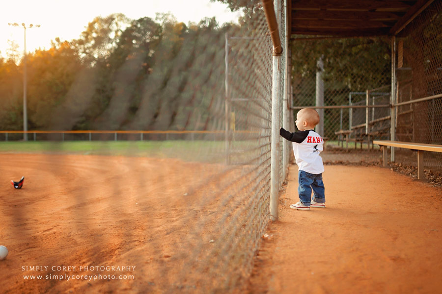 Newnan baby photographer, one year milestone session at baseball field