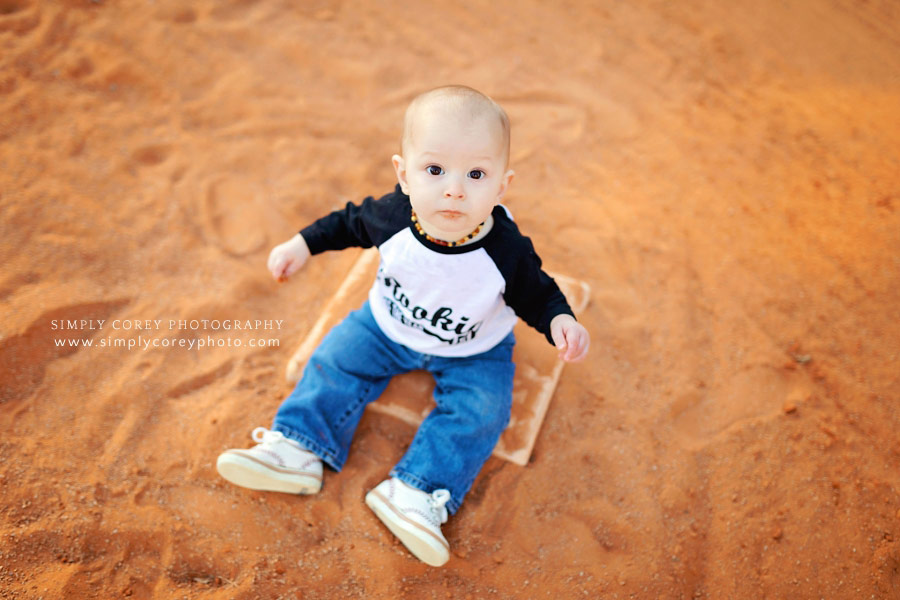 Villa Rica baby photographer, toddler boy on baseball diamond