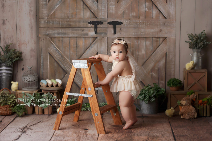 baby photographer near Atlanta, studio spring milestone session with a ladder