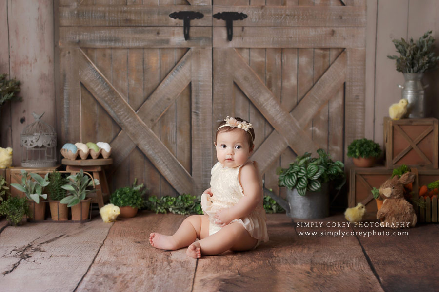 baby photographer near Douglasville, spring session with barn doors in studio