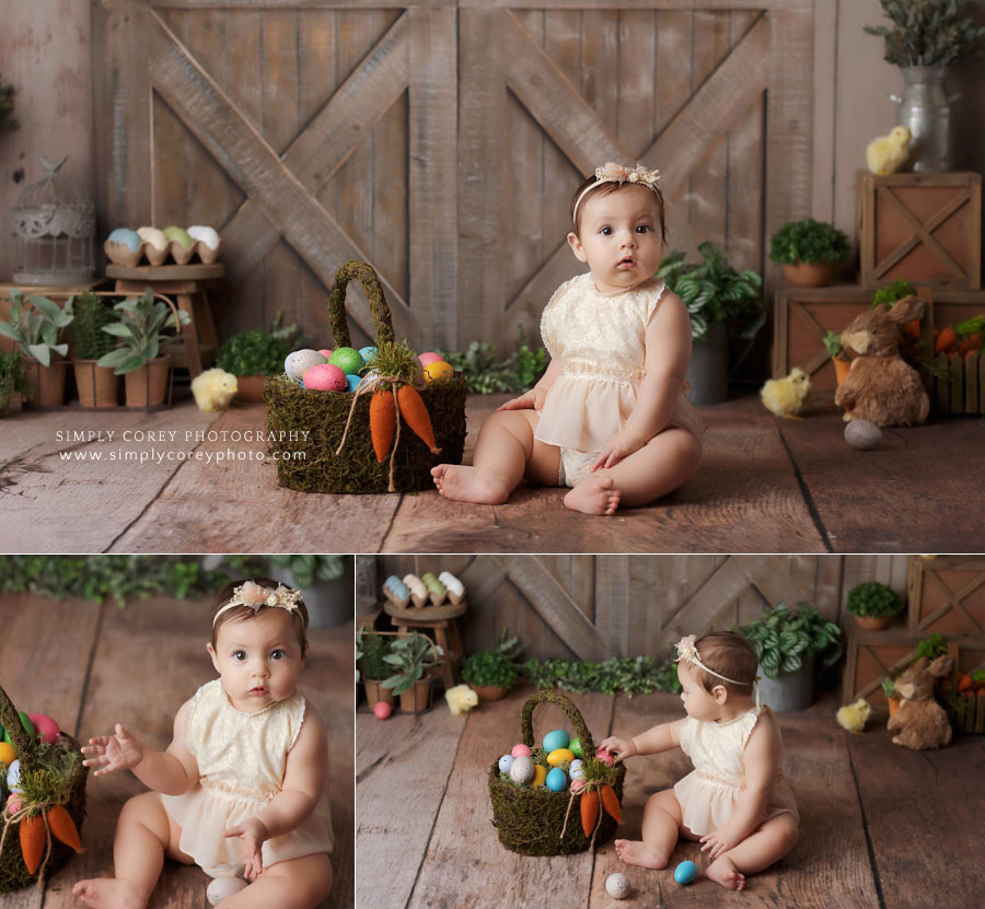 Bremen baby photographer, girl with Easter basket during spring studio session