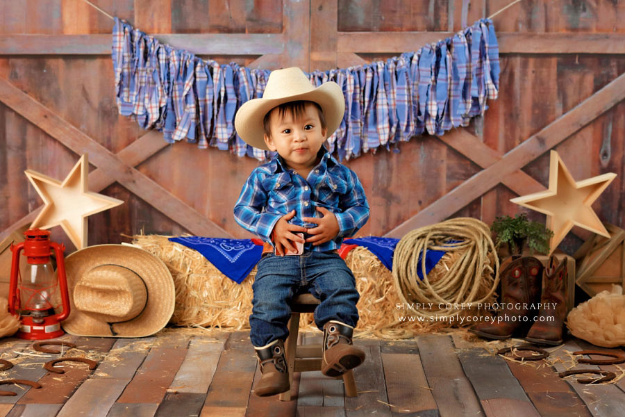 baby photographer near Peachtree City, one year photography session with rodeo theme