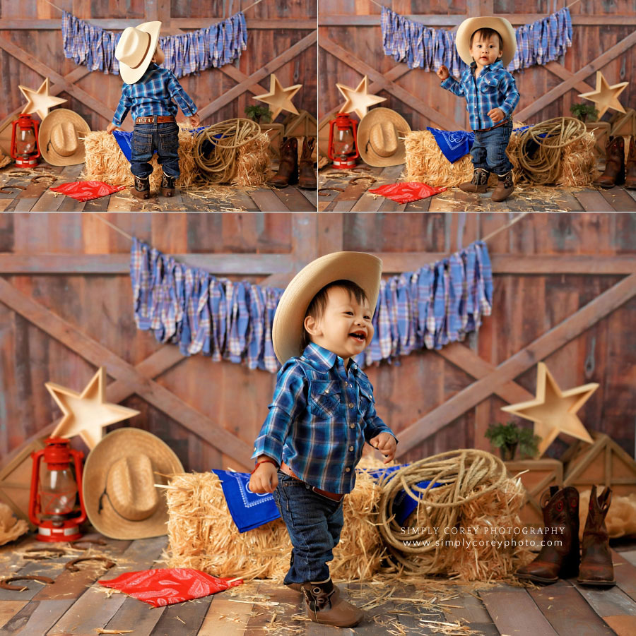 Bremen baby photographer, rodeo studio milestone session for one year old cowboy