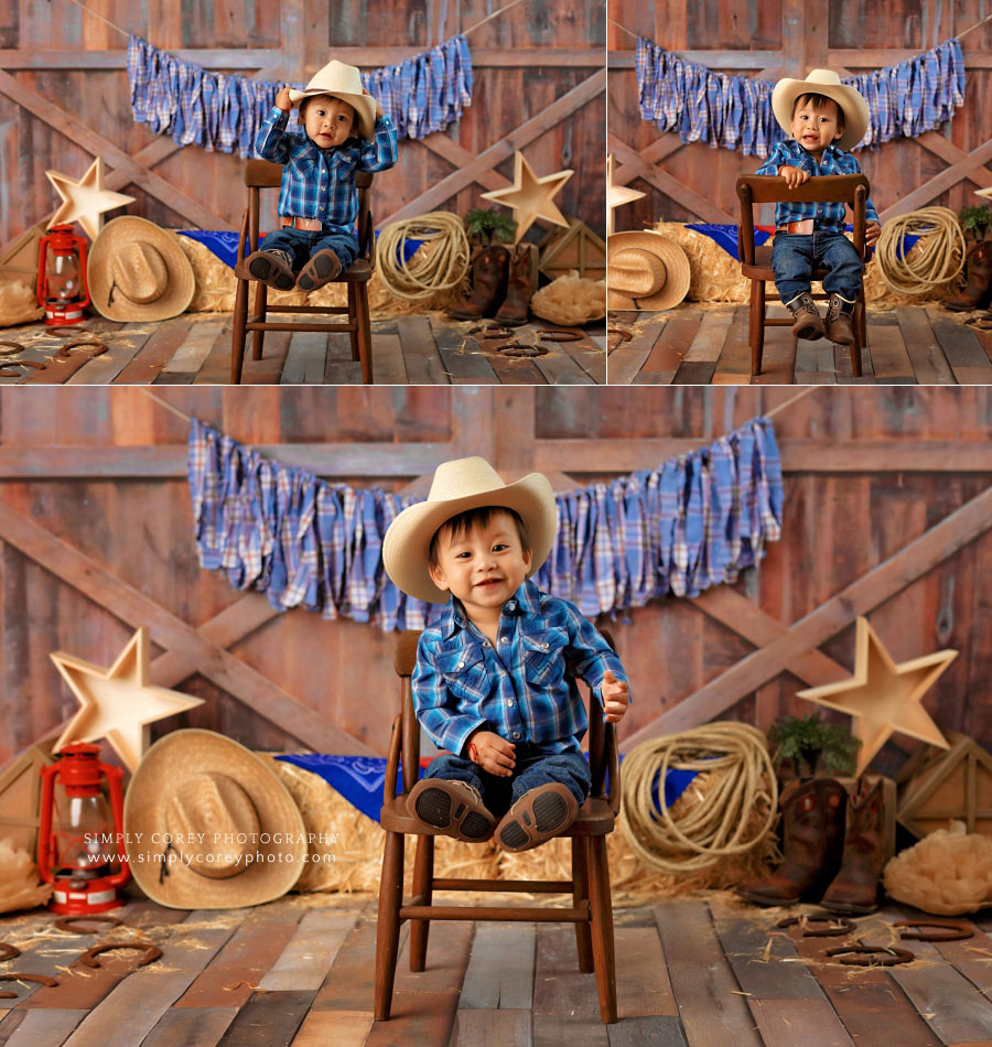 Villa Rica baby photographer, one year old in cowboy hat for rodeo milestone session