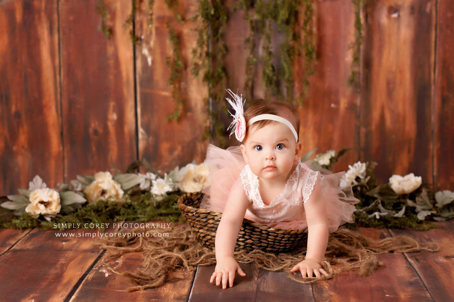 Atlanta baby photographer, one year session on wood backdrop with florals