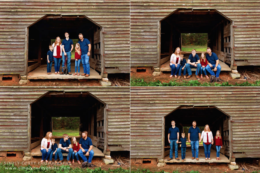 Hiram family photographer, on location portrait session in old barn