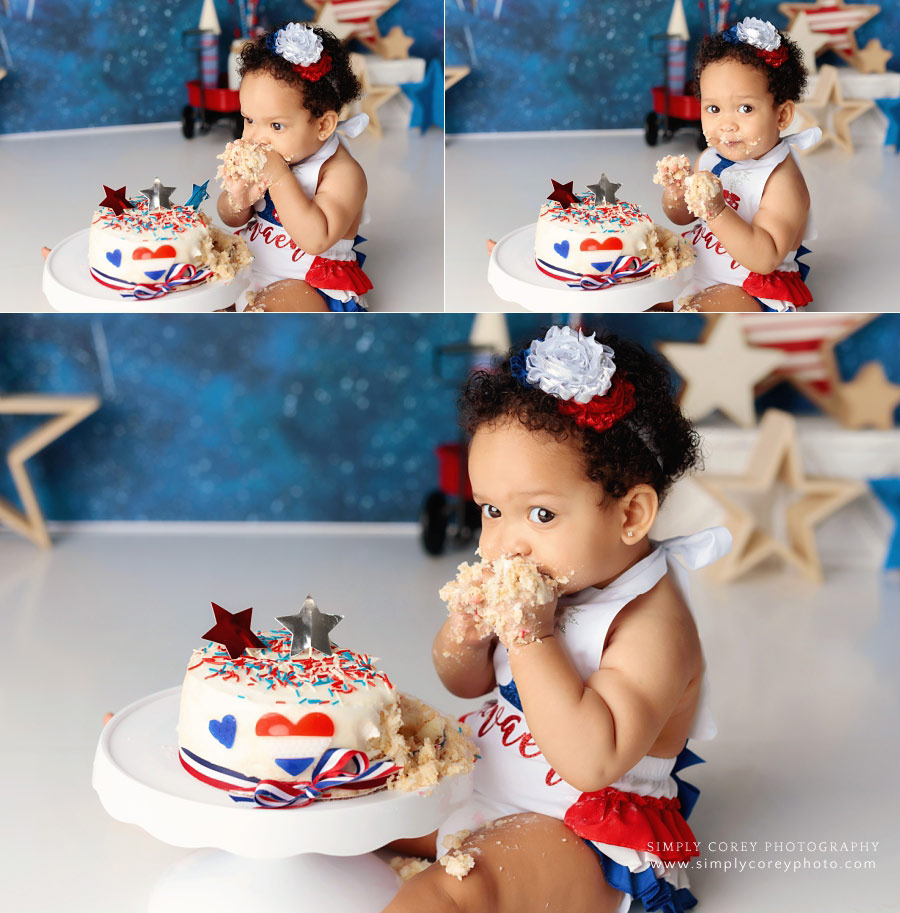 cake smash photographer near Dallas, GA; baby eating 4th of July cake with stars