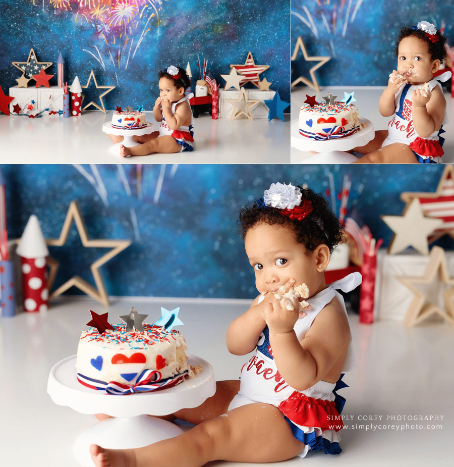 cake smash photographer near Douglasville, 4th of July one year session
