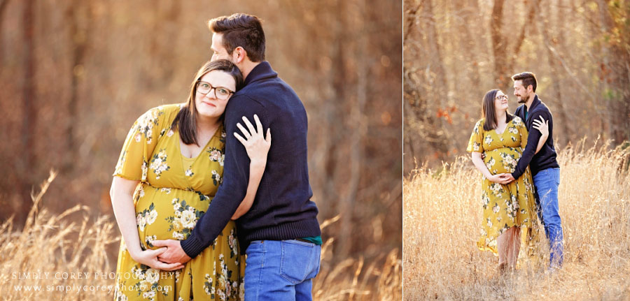 maternity photographer near Dallas, GA; couple in field with tall grass