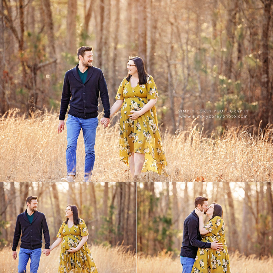 Newnan maternity photographer, couple walking in field of tall grass