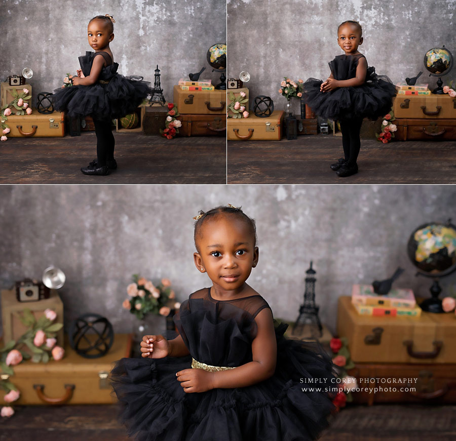 Atlanta baby photographer, girl in black tulle dress on vintage studio set