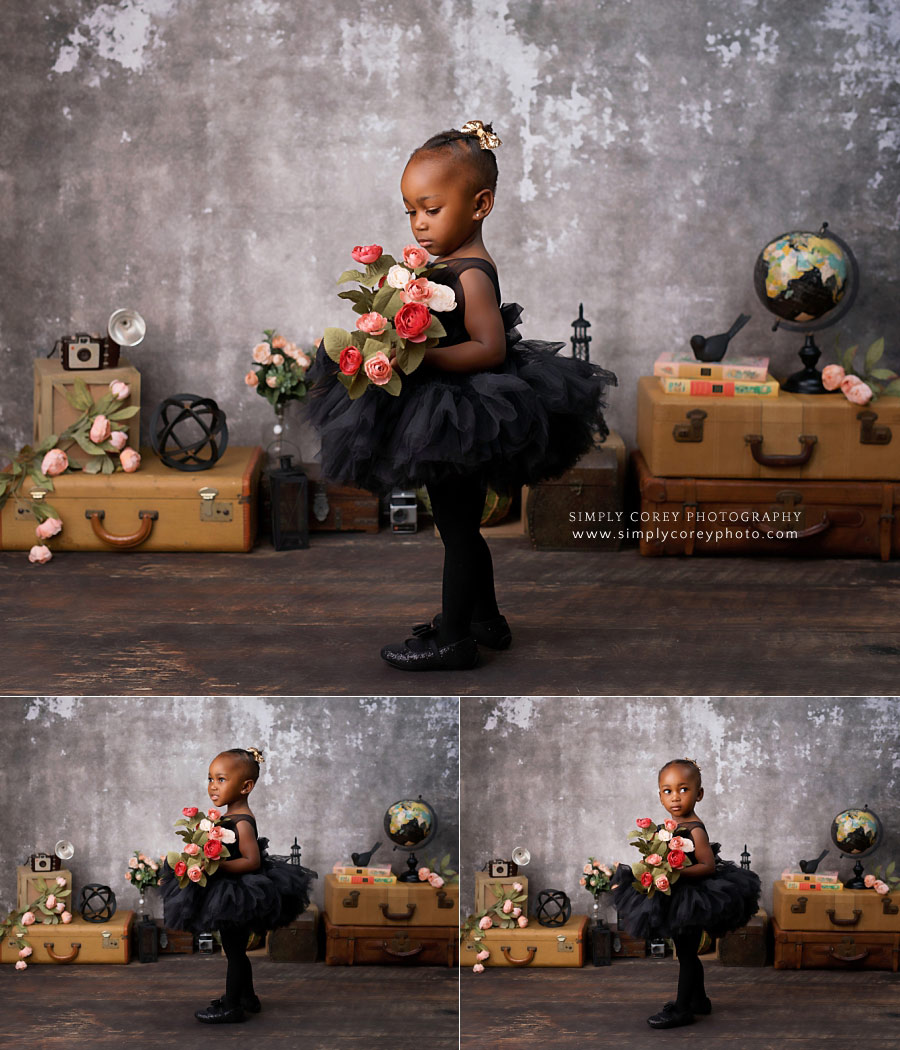 baby photographer near Villa Rica, two year portraits in black dress with flowers
