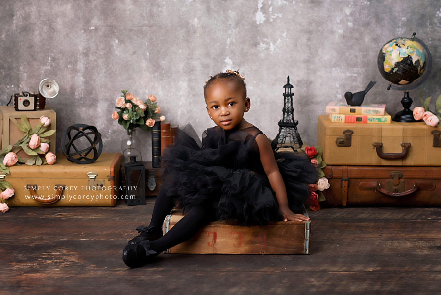 Douglasville baby photographer, toddler in black tulle tutu dress in studio