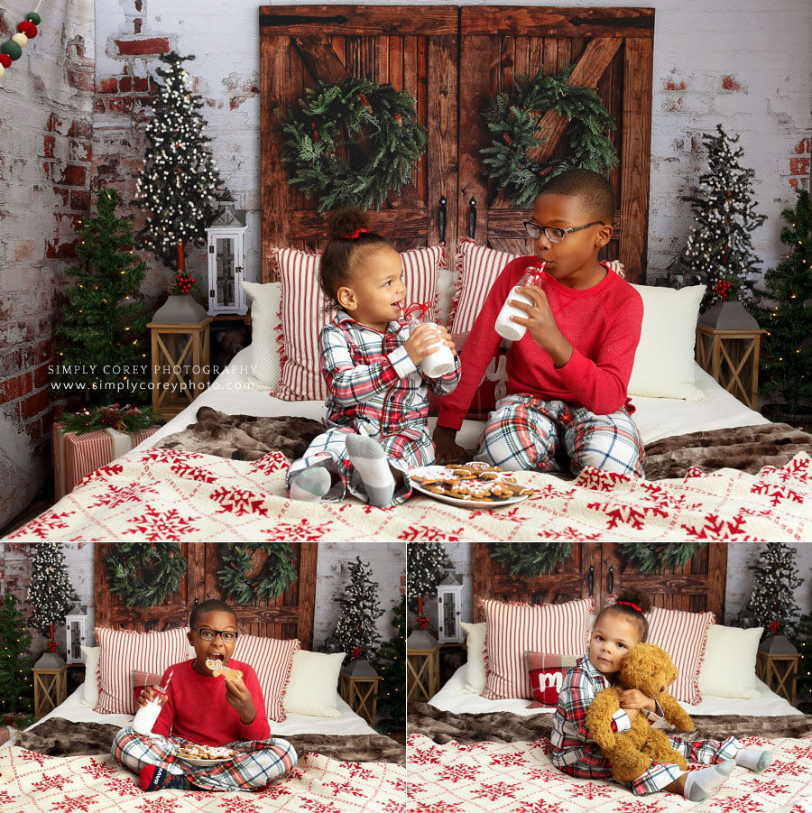 Carrollton mini session photographer, siblings in Christmas pajamas with props