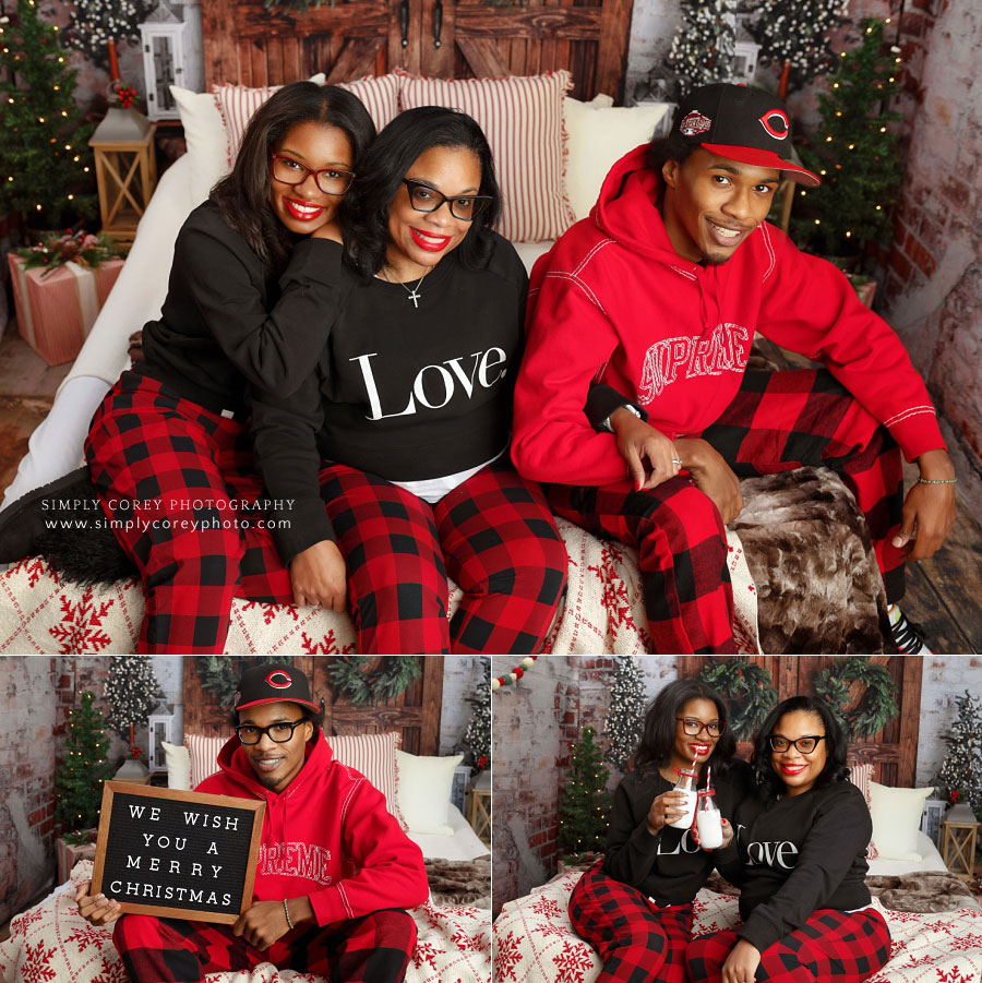 Douglasville mini sessions, mom with adult children in Christmas pajamas