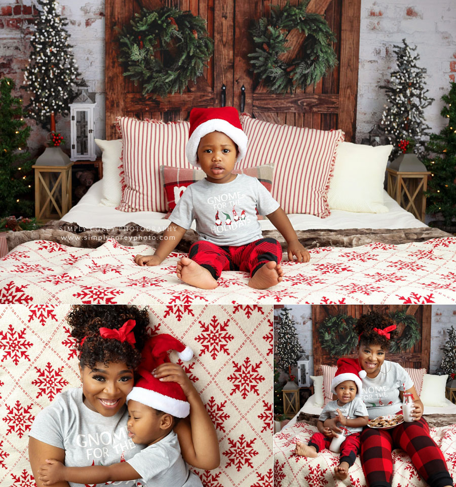 mini session photographer near Dallas, Georgia; mom and toddler in Christmas pajamas