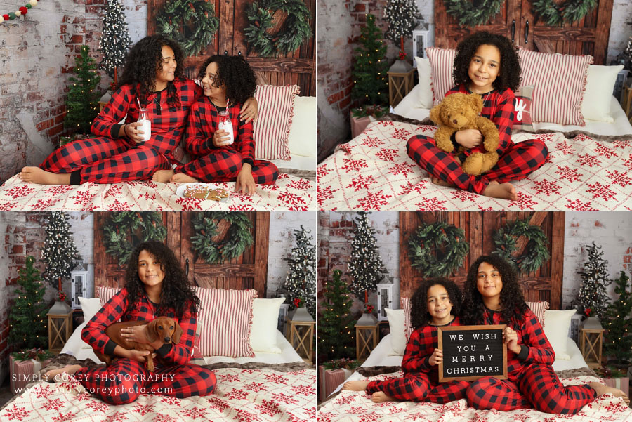 Villa Rica mini session photographer, sisters in Christmas pajamas with dog in studio