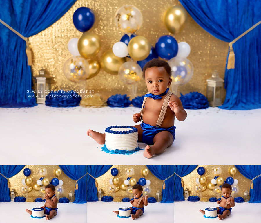 baby photographer near Carrollton, GA; royal blue and gold prince studio session