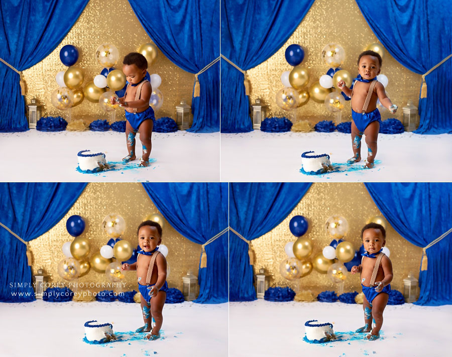 Bremen cake smash photographer, baby boy blue and gold prince studio theme