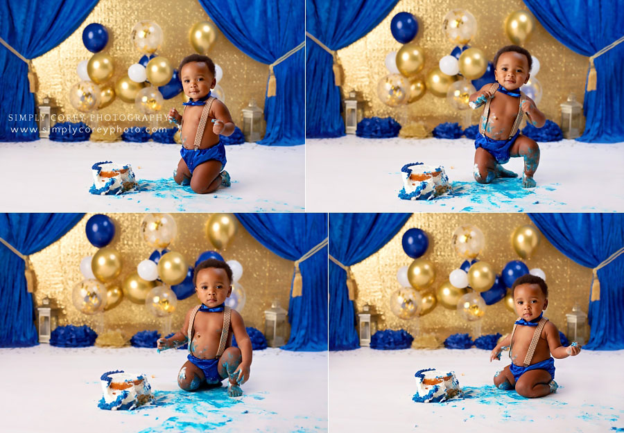 Carrollton cake smash photographer in Georgia, baby with royal blue and gold studio theme