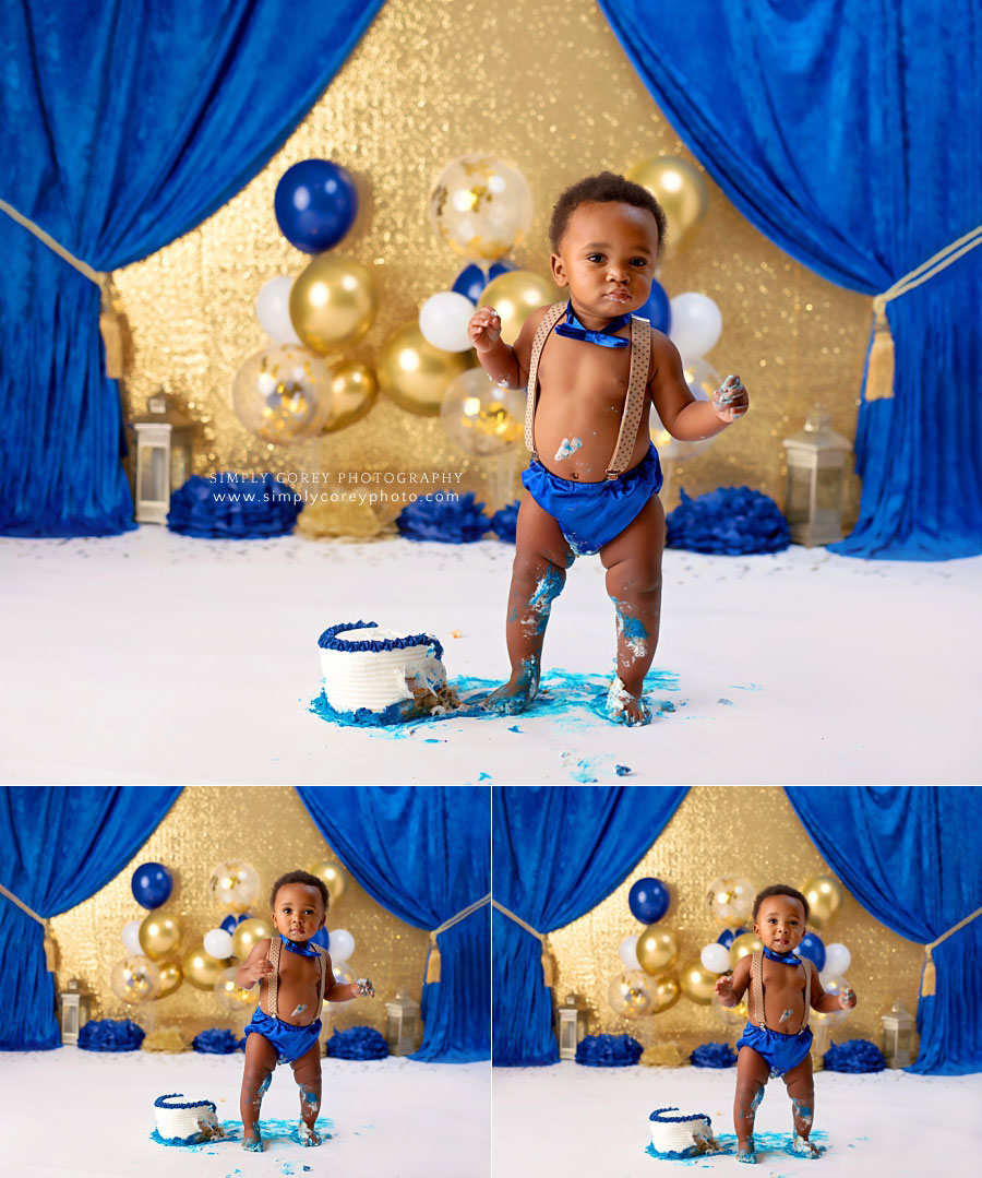 Douglasville cake smash photographer, baby covered in cake during prince session