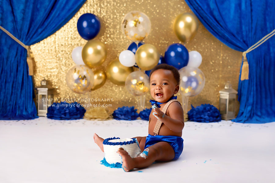 Newnan cake smash photographer, baby boy blue and gold prince theme