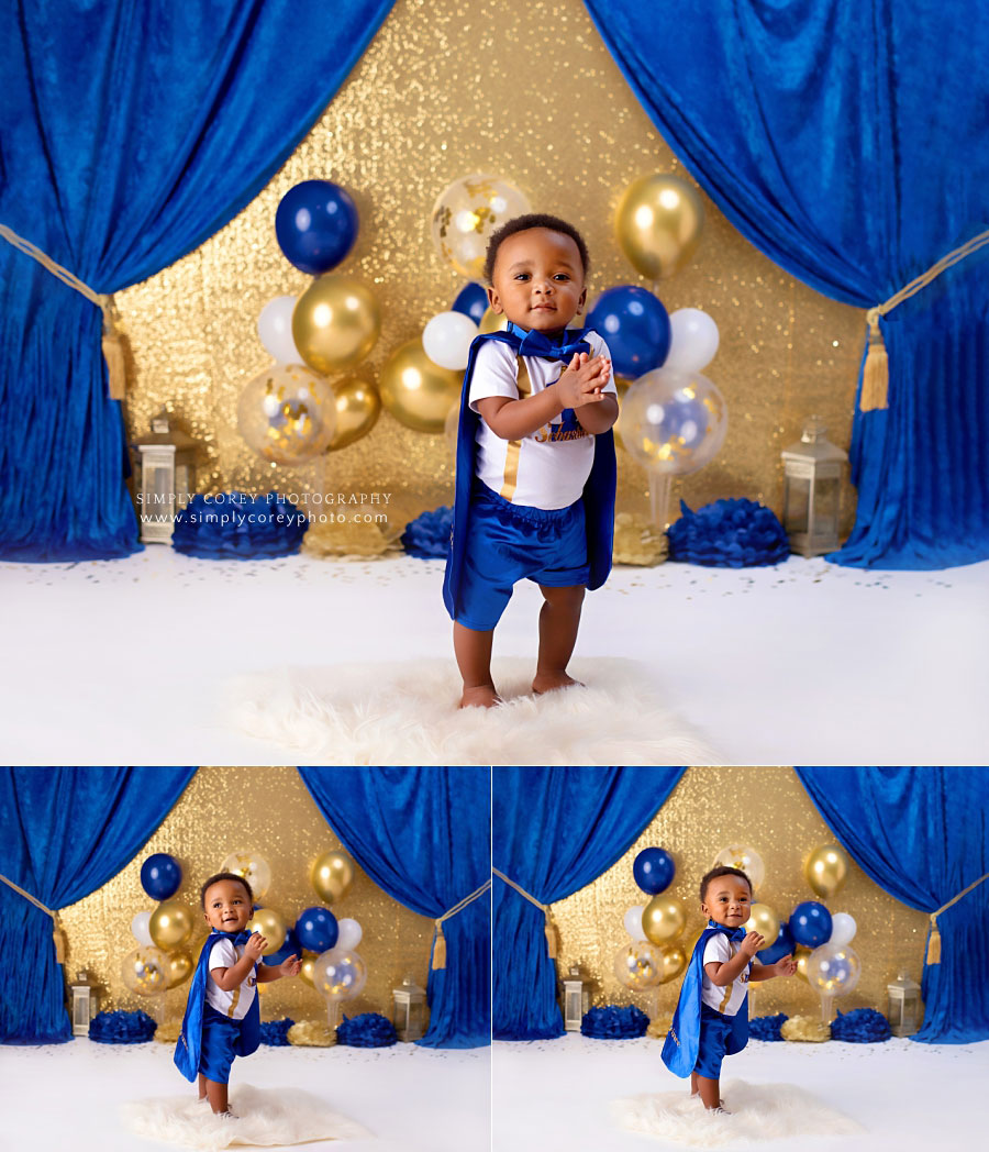 Villa Rica baby photographer, one year cake smash with prince theme